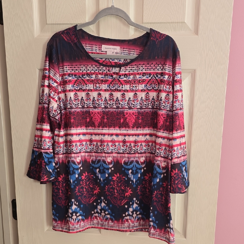 Allison Daley Red and Blue Patterned Long Sleeve Top